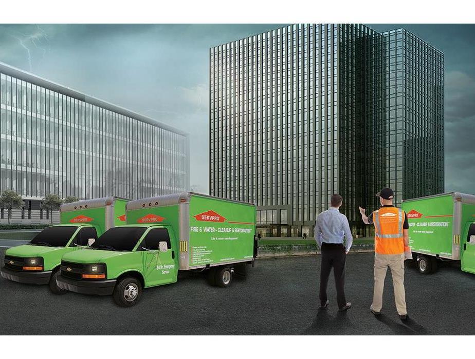 Commercial buildings and SERVPRO Vehicles